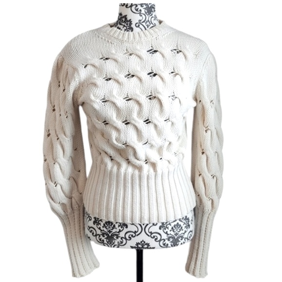 Zara Chunky Cable Knit Sweater Puff/Balloon Sleeves Soft Cotton Ivory/White Med - Picture 2 of 12